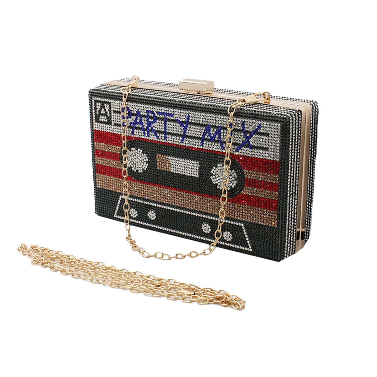 WYZIG Women Retro Radio Tape-shape Rhinestone Clutch Purse Vintage Crystal Evening Handbag Party Cocktail Shoulder Bag, Red