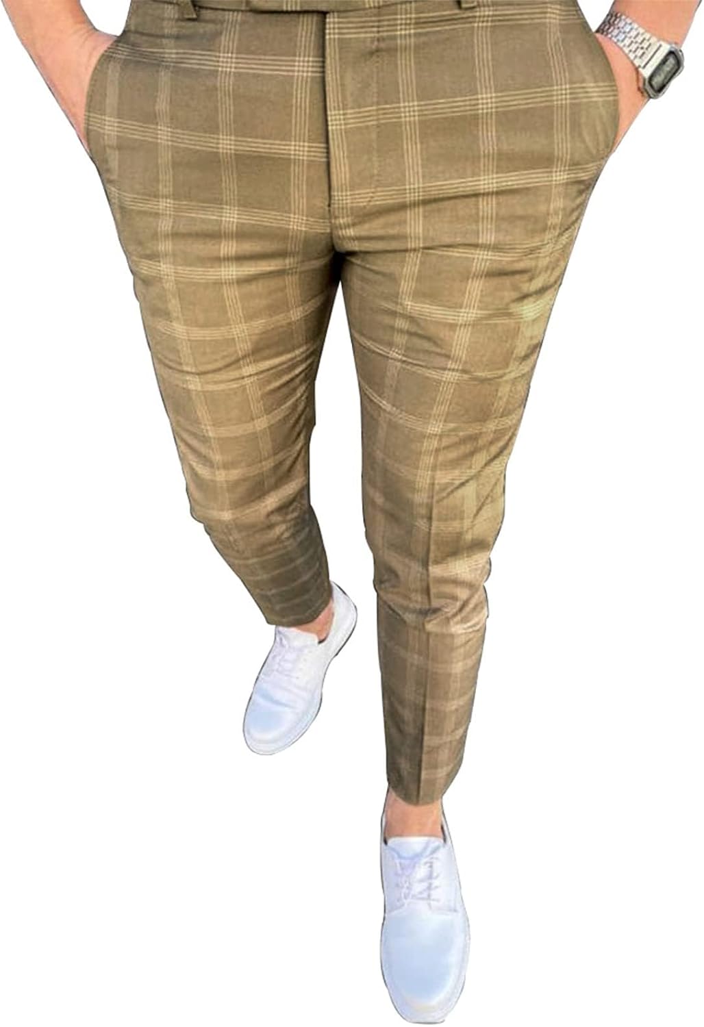 Men's Fashion Stretch Dress Pants Slim Fit Plaid Skinny Long Pants Casual Business Golf Dress Pants XX-Large Khaki