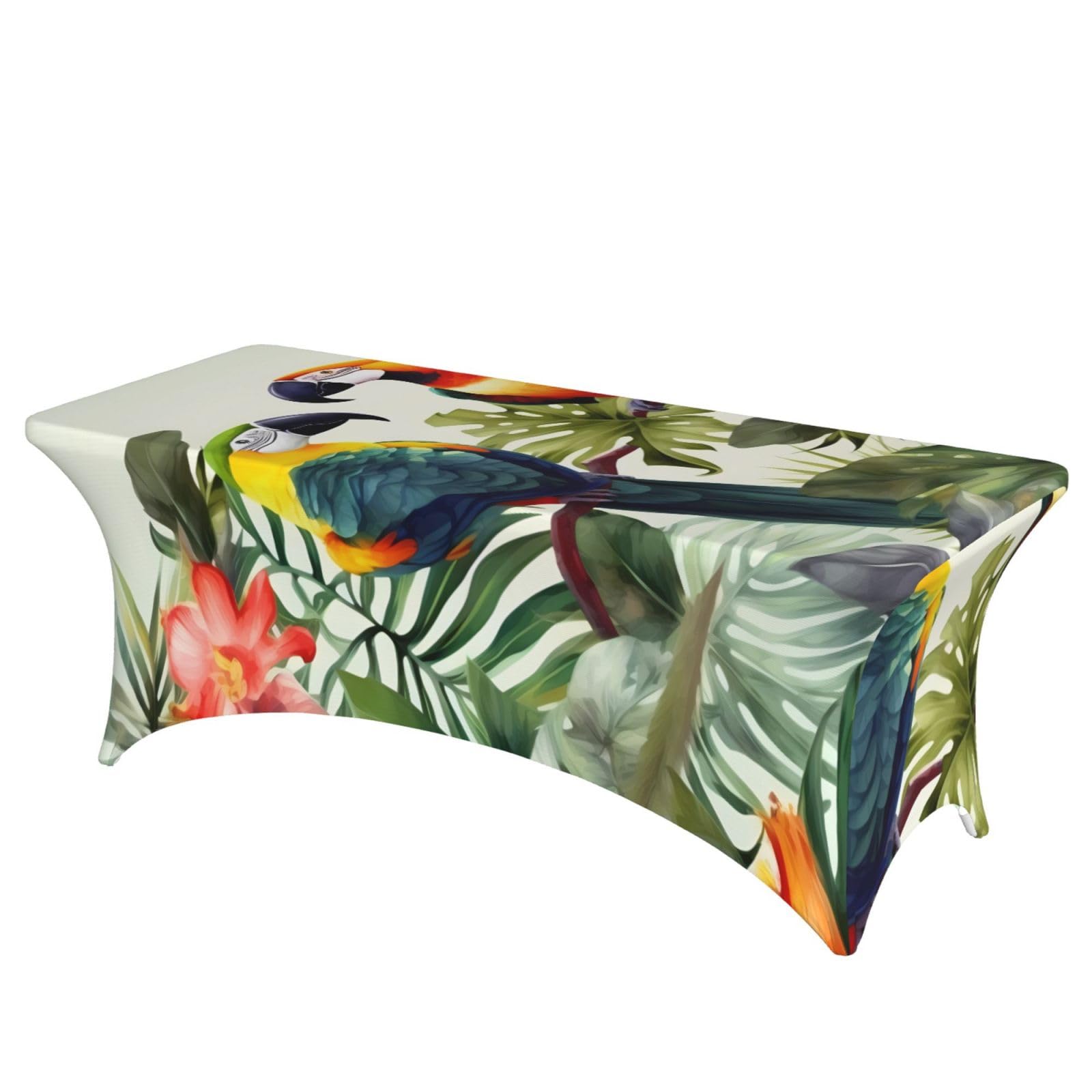 DWVTSLH 6FT Spandex Table Covers for Rectangle Tables, Wrinkle Resistant Stretch Tablecloths, Ultimate Fitted Tables Protector, Toucans Parrot Palm Tree Leaves Table Cloth for Party, Wedding, Banquet