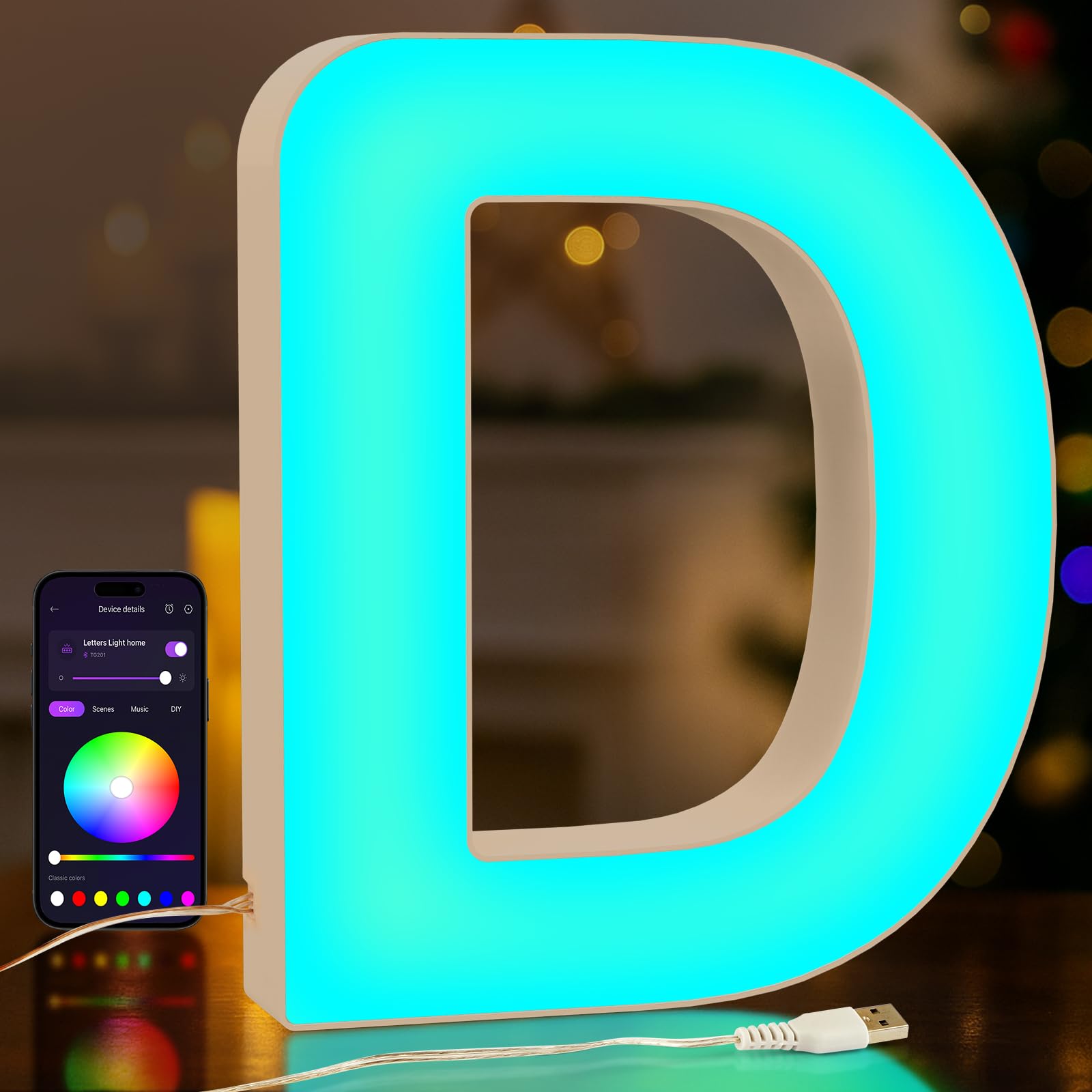 UooEA LED Light Up Letter D – USB Colour Changing Night Light with APP Control, Alphabet Sign for Wall or Table, Gift for Girls, Teens, Mum – Birthday, Christmas, Home Decor — image 1