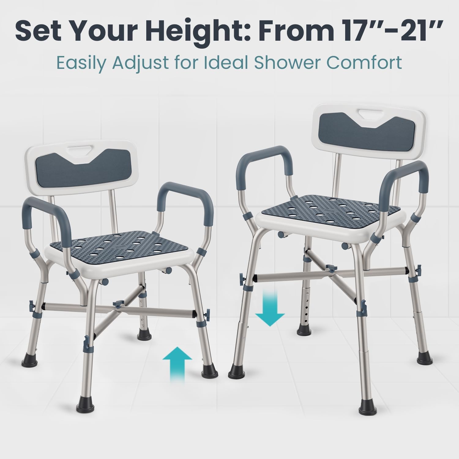 Shower Chair (450lb) with Padded Armrests and Back, Showers Chair for Elderly and Disabled, Adjustable Height Shower Seat, Heavy Duty Shower Chairs for Inside Shower, Handicap - Grey