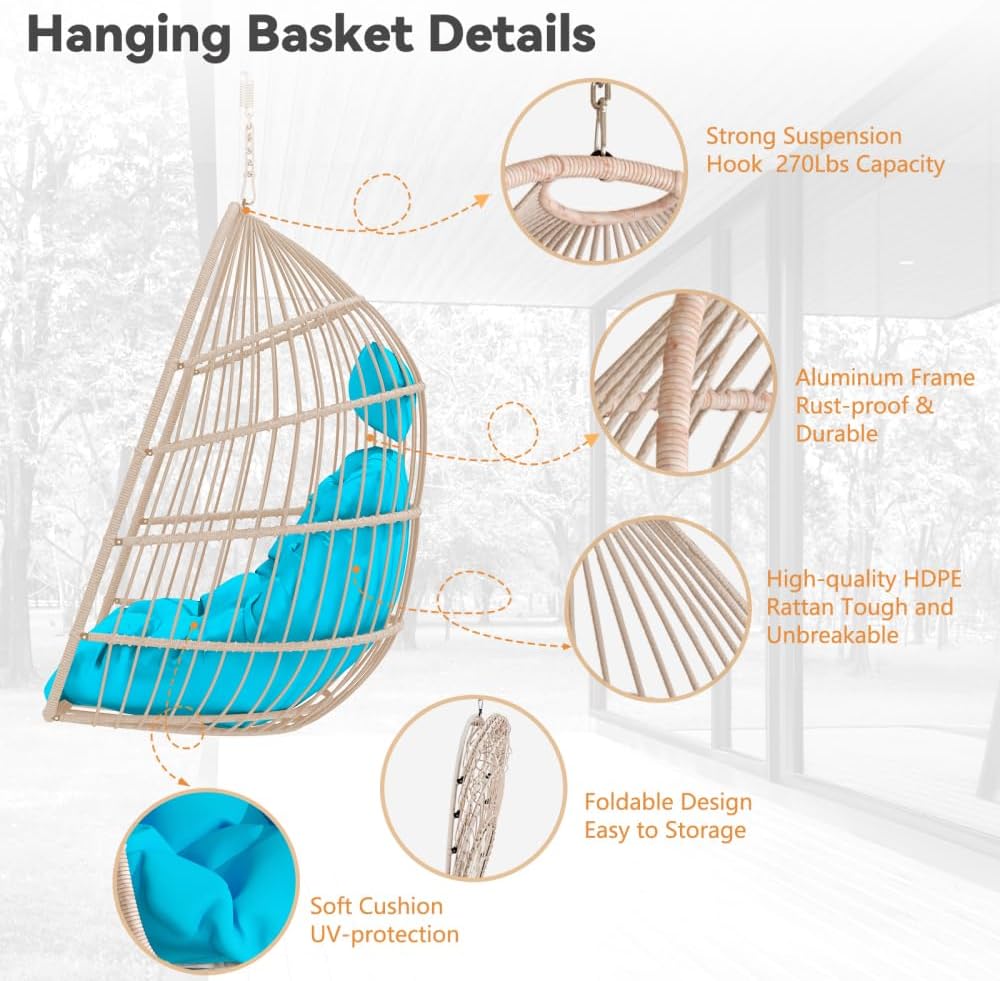 Foldable Patio Hanging Egg Chair Set Weather-Resistant Resin Wicker Swing Pod with Removable Washable Polyester Cushion Headrest Pillow Stainless Steel Hanging Kit Heavy-Duty (Blue + HDPE)