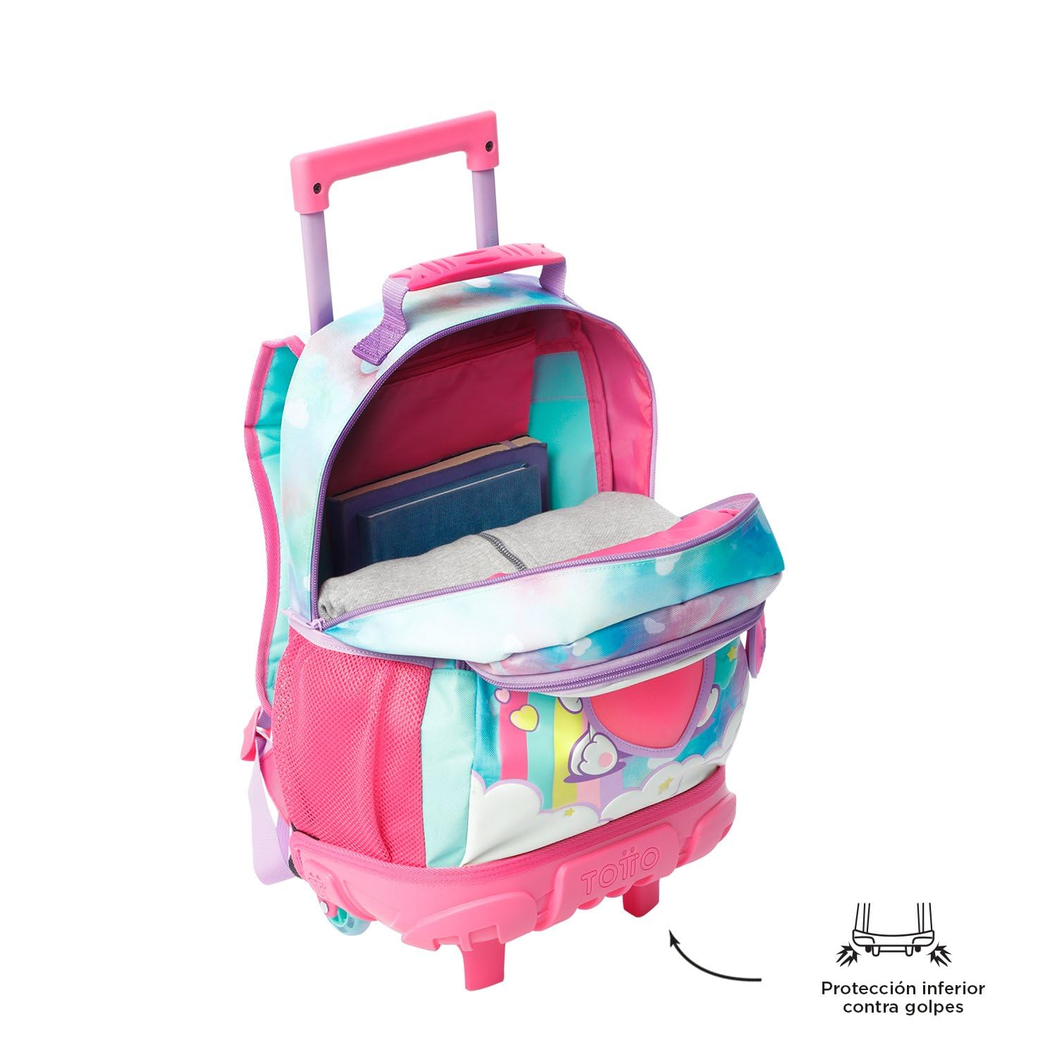 TOTTO - Mochila Escolar con Ruedas, Modelo Sweety Heart M, Mochila Mediana, Capacidad 23 L, 2 Compartimentos, 2 Bolsillos Botella, Protección en la Base, Cómodas Correas Ajustables, Color Azul