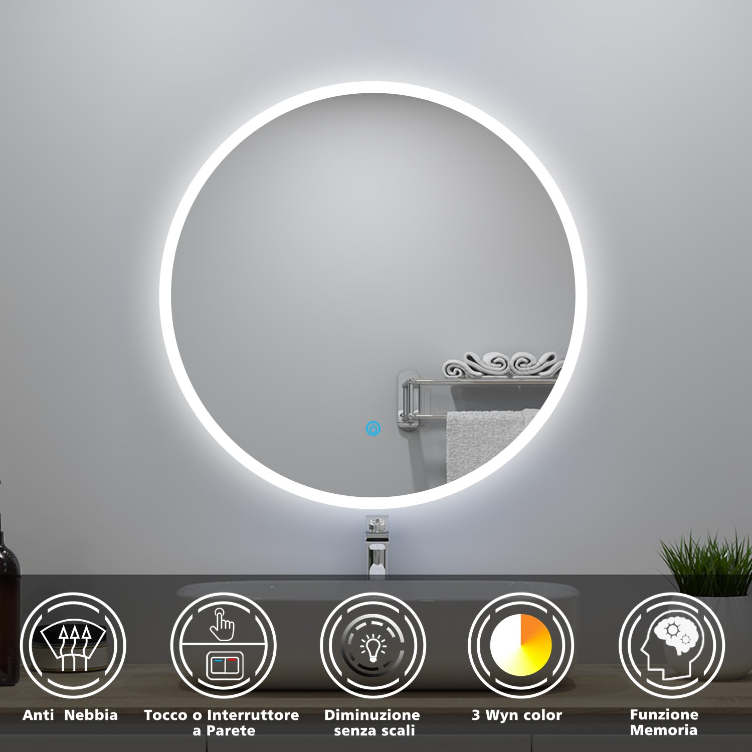 Specchio Rotondo Illuminato a LED, Specchio da Parete da Bagno 70 x 70cm, Specchio da trucco, Anti nebbia, Dimmerabile 3000K-6500K, Funzione di Memoria, IP44 impermeabile
