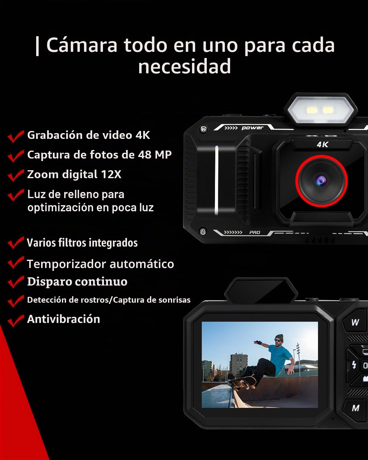Cámara Digital 4K, Bextgoo Cámara de Fotos con Tarjeta de 64GB, Autofocus de 48MP, Zoom 12X, Camara Digital Compacta, Flash, Estabilizador y Pantalla, Portátil Digital Camara para Niños y Adolescentes