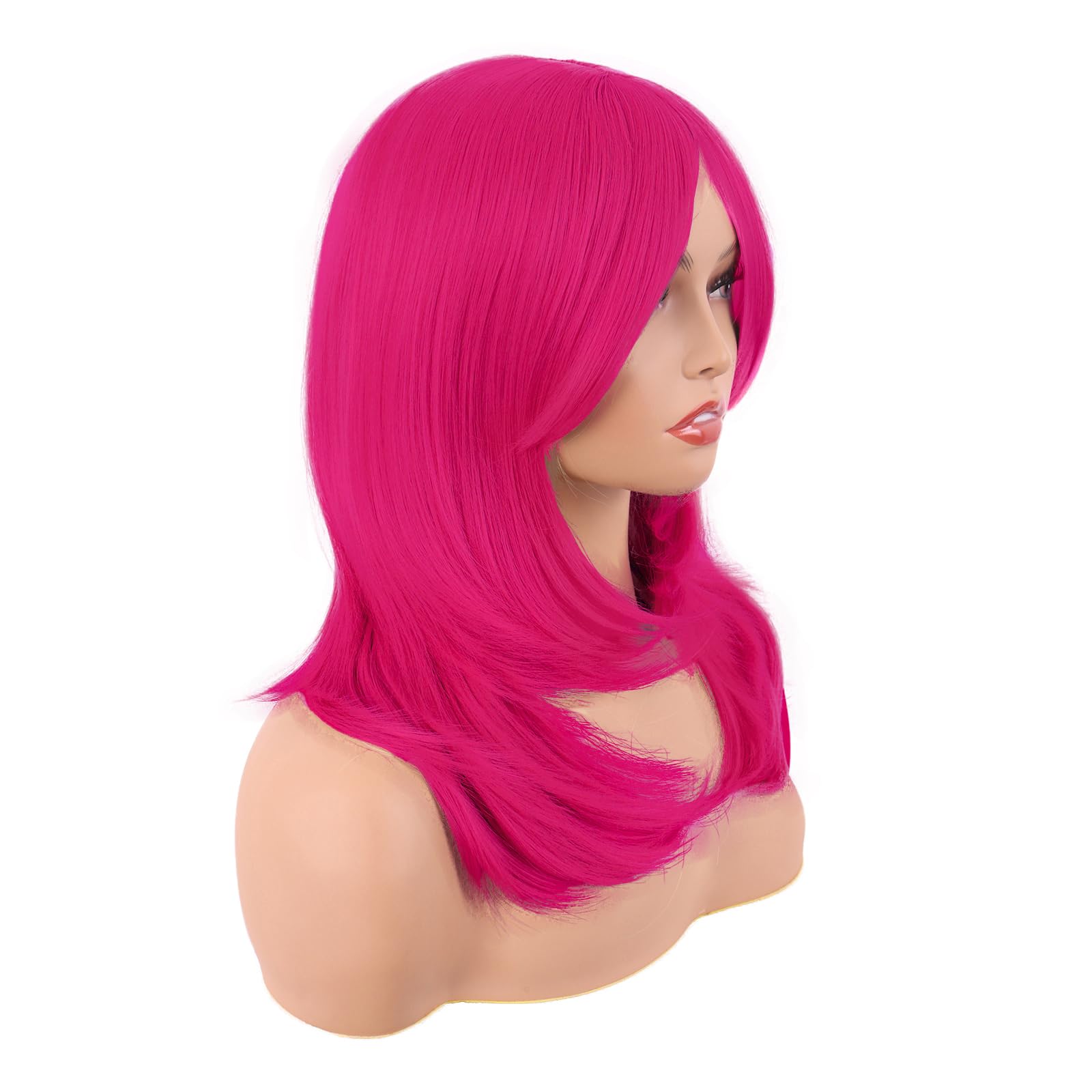 MapofBeauty 20 Inch/50 cm Long Layered With Bangs Straight Synthetic fiber Shoulder Length Hair Party Wig (Hot Pink) - Image 2