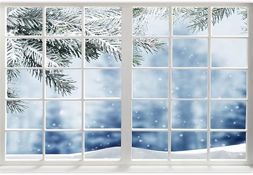 Leowefowa Telón de fondo de vinilo de 9 x 6 pies, bosque de pinos, copos de nieve, fondo de vacaciones de invierno, ventana de Navidad, telón de