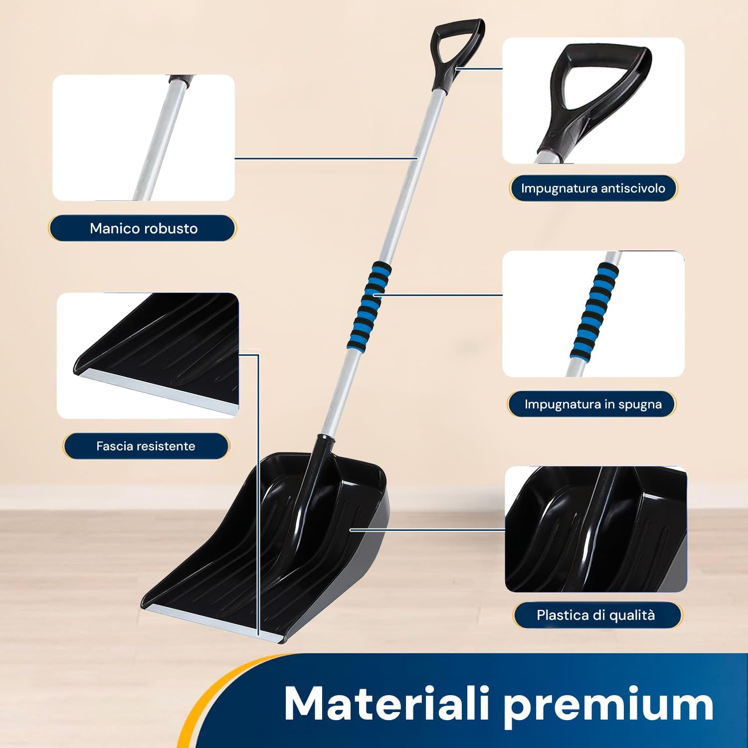 Wintem Pala da Neve con Manico in Alluminio 143x38x18cm - Ideale per Affrontare l’Inverno - Impugnatura Ergonomica Antiscivolo - Struttura Robusta, Leggera e Resistente - Semplice da Usare