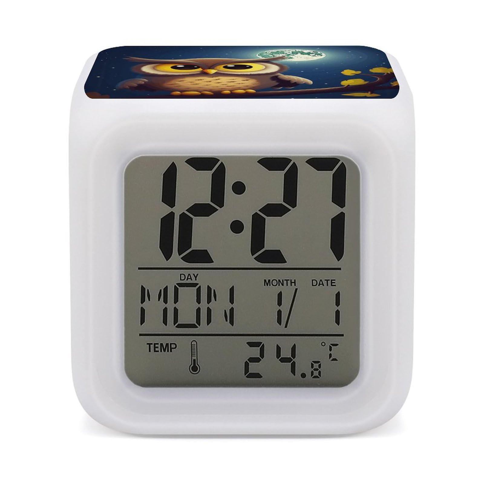 JTREHY 7 Color Changing LED Digital Alarm Clock,Owl and Yellow Moon Printed Wake-up Clock with Temperature Display Home Decoration Alarm Clock for Bedroom Office