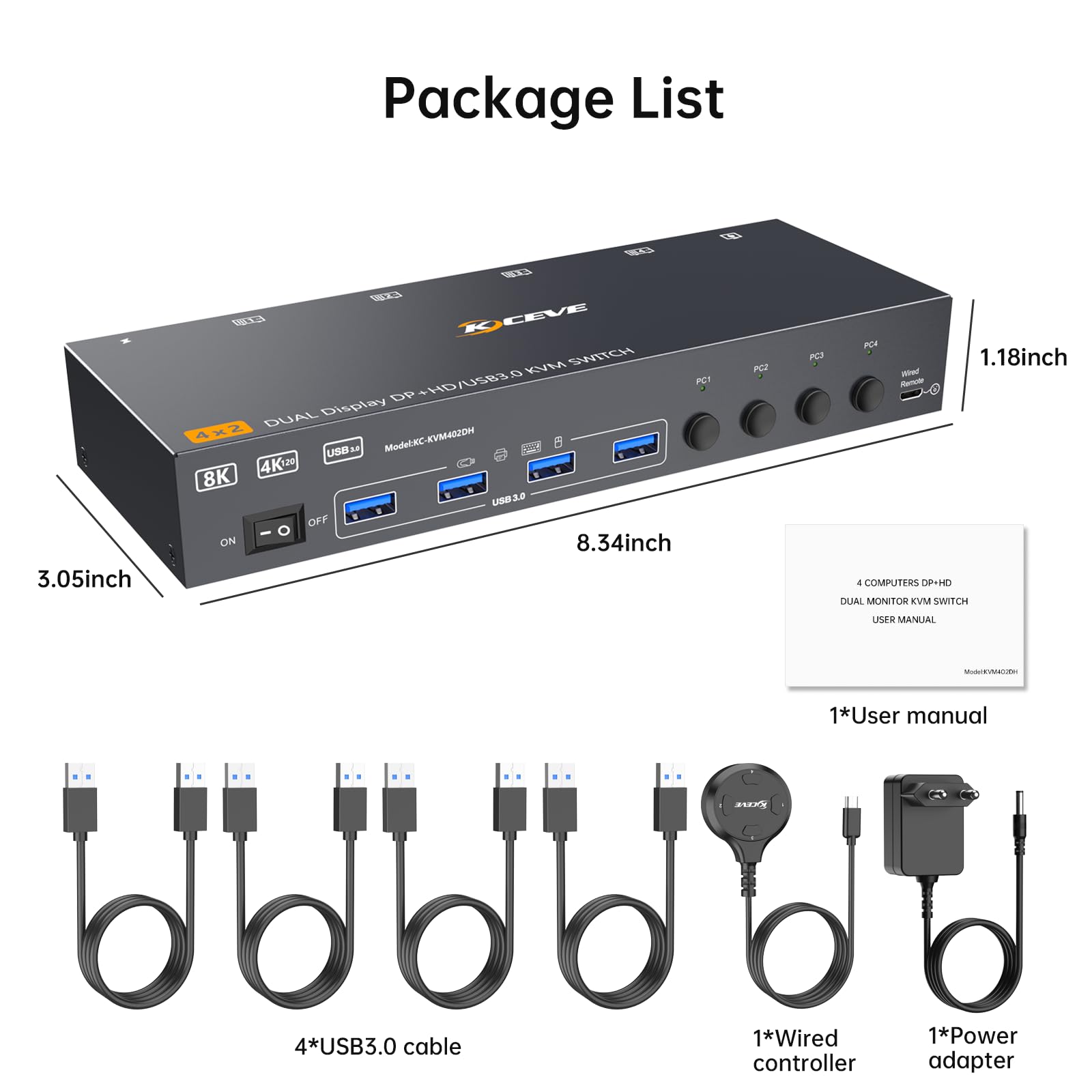 Przełącznik KVM 8K przy 60 Hz, ESKEVE 4K przy 144 Hz HDMI Displayport Przełącznik KVM 4 PC 2 monitory dzielą 2 monitory i 4 urządzenia USB, zasilacz przewodowy i 4 kable USB 3.0 w zestawie