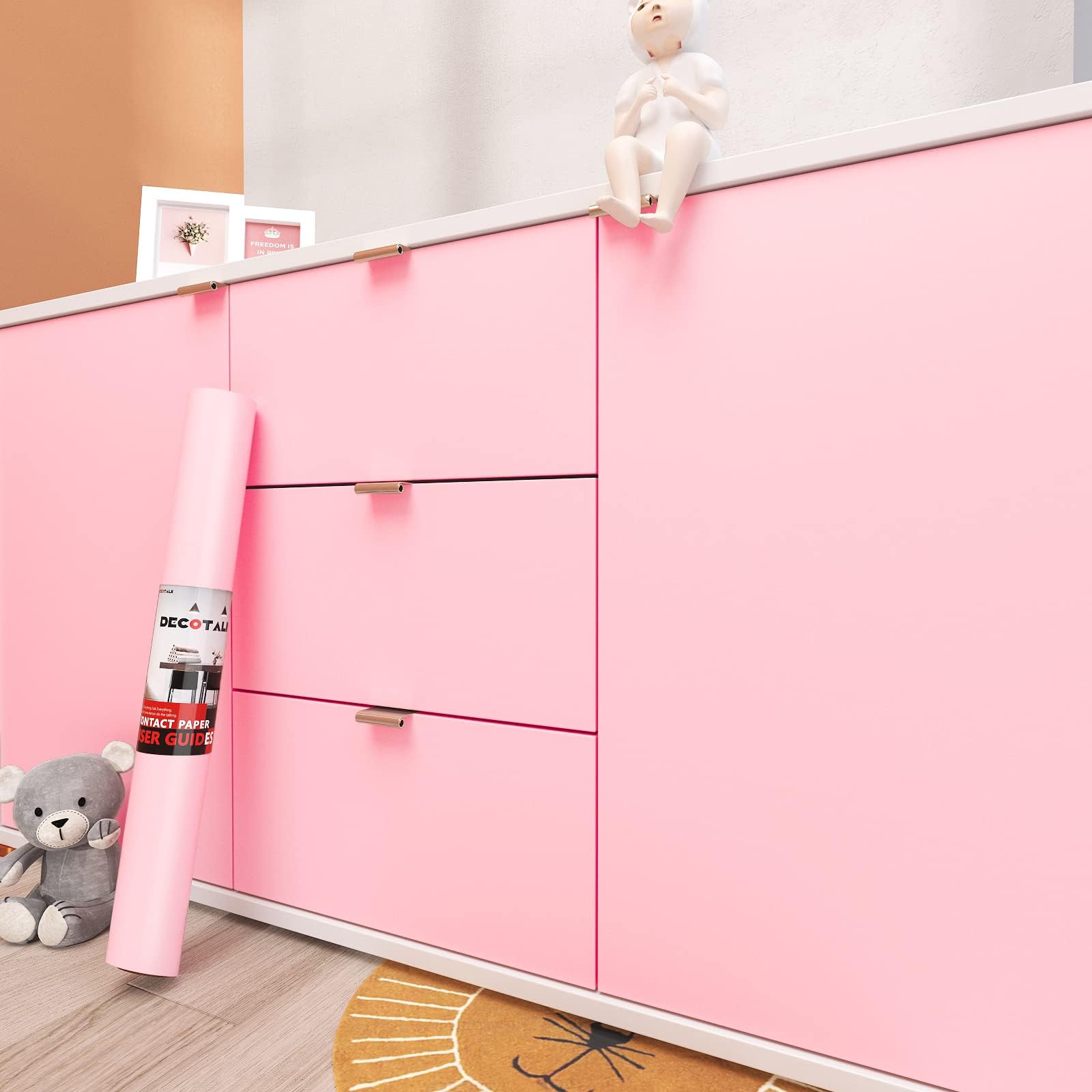 Decotalk Wallpaper Wall Bedroom Girls Pink 60X500cm Paper Vinyl Adhesive Furniture Pink Decorative Furniture for Living Room Wardrobe Door Decorative Wall Stickers Waterproof
