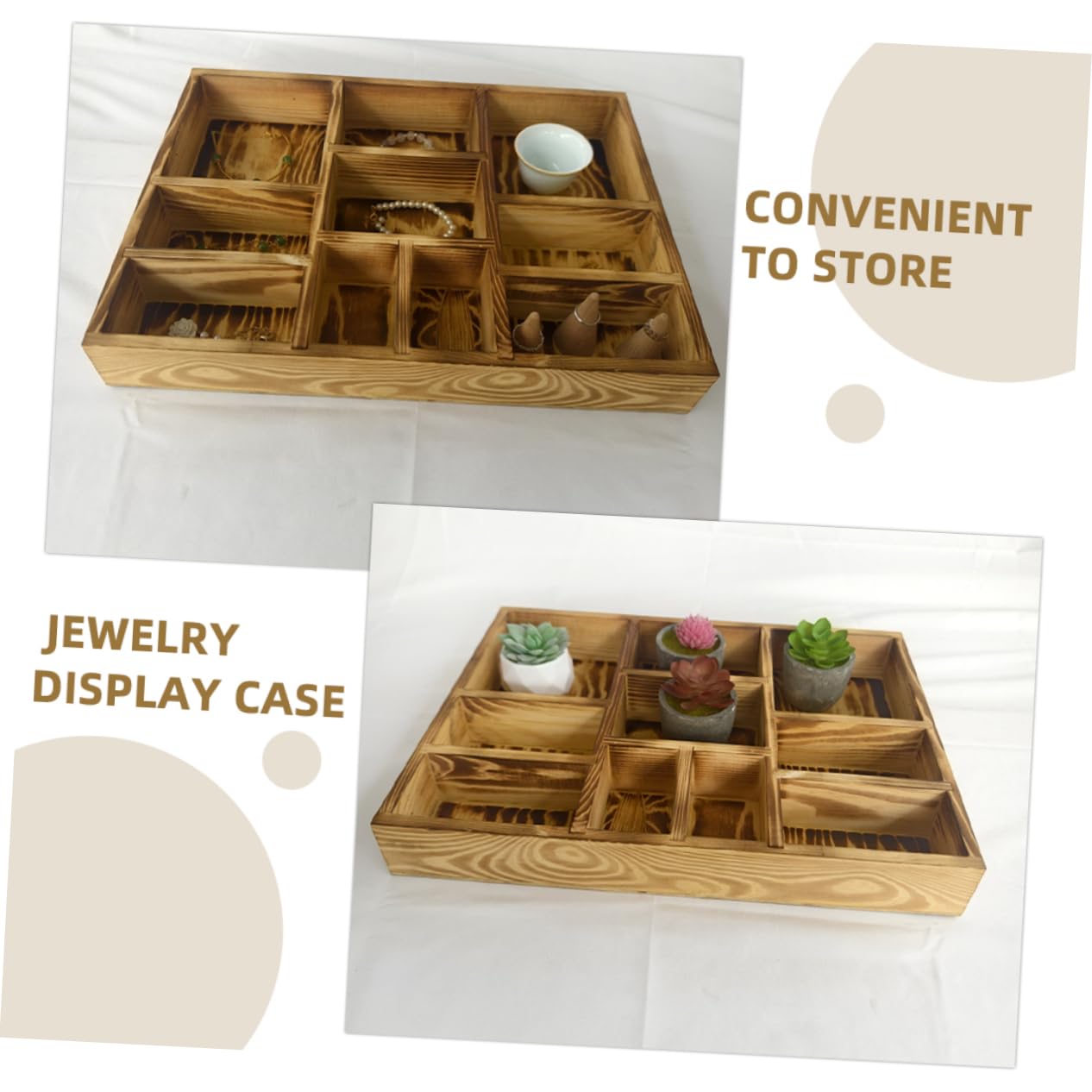 Plateau de Rangement Bijoux en Bois à Compartiments pour Montres et Bagues