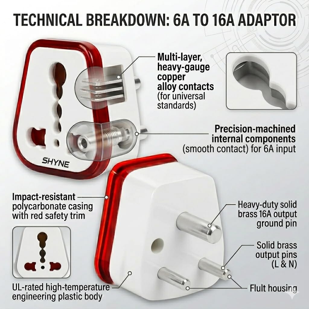 KAVANA Shyne 6A to 16A Converter Plug | 6 Amp to 16 Amps Converter Plug for 16A Extension Board with 16 Amp Socket β Compatible with A/C, Refrigerator, etc. (Red, 2 Piece) 1