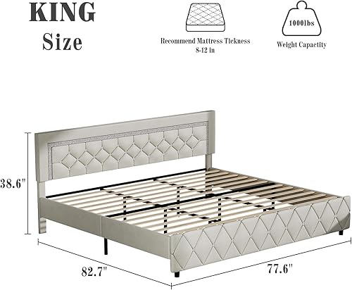 Miniatura 77 de BarnFurin - Base de cama matrimonial con cabecera capitoné, plataforma tapizada con diseño de diamante, base de colchón, soporte de listones de