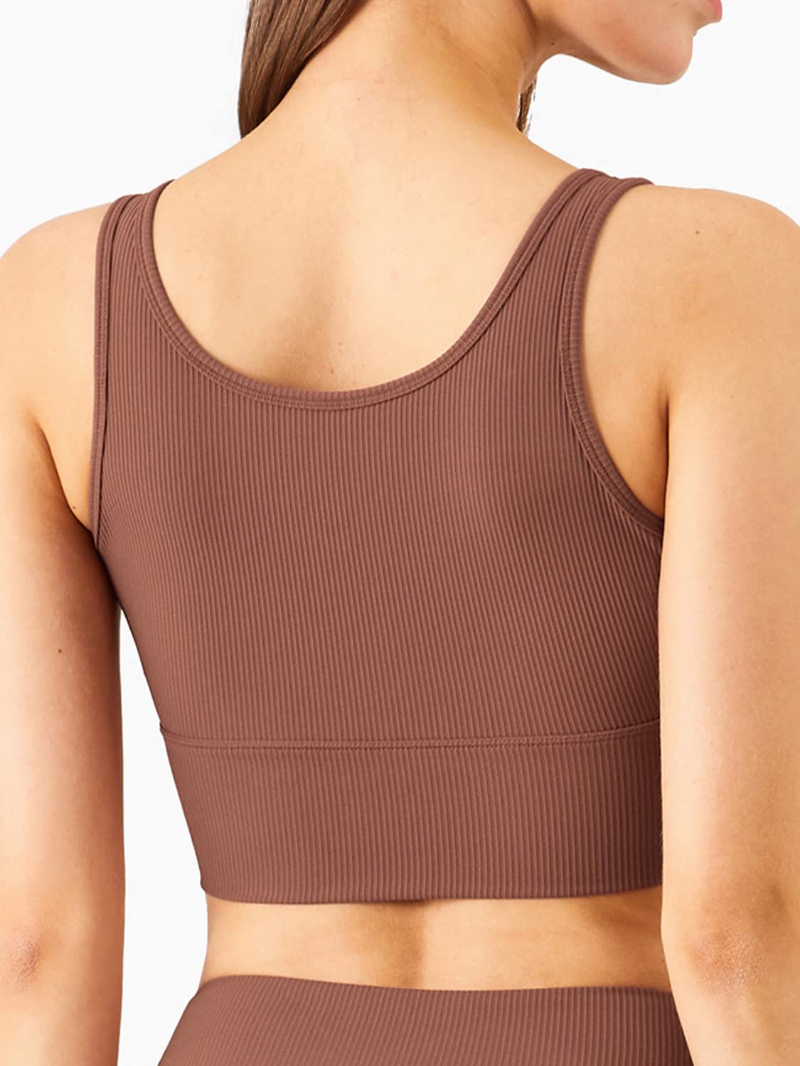 Longline Reggiseno Sportivo Canotta Reggiseno Top per le Donne Senza Soluzione di continuità Reggiseno Sportivo a Costine Top di Allenamento Imbottito Crop Top, U-bronzo, L