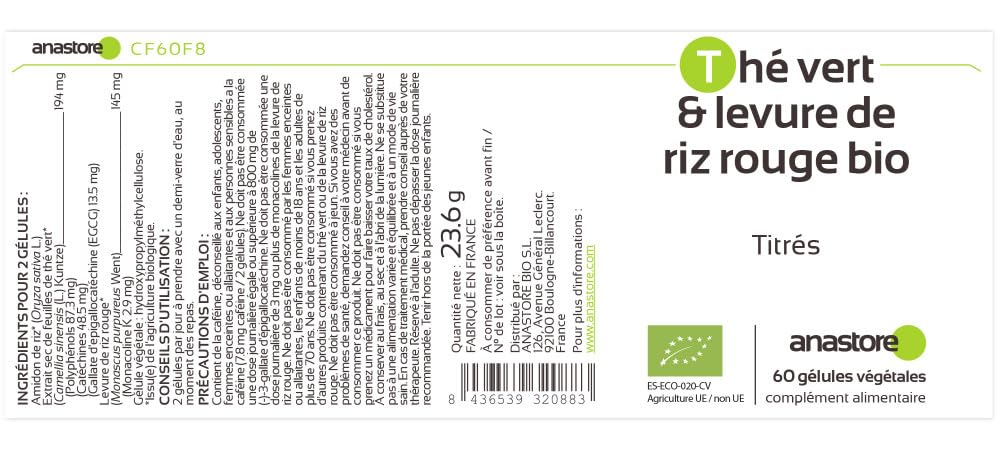 Lievito di riso rosso bio e tè verde bio * 387 mg / 60 capsule * titolato in Monacolina K, in Polifenoli, in Catechine e in EGCG * Antiossidanti.