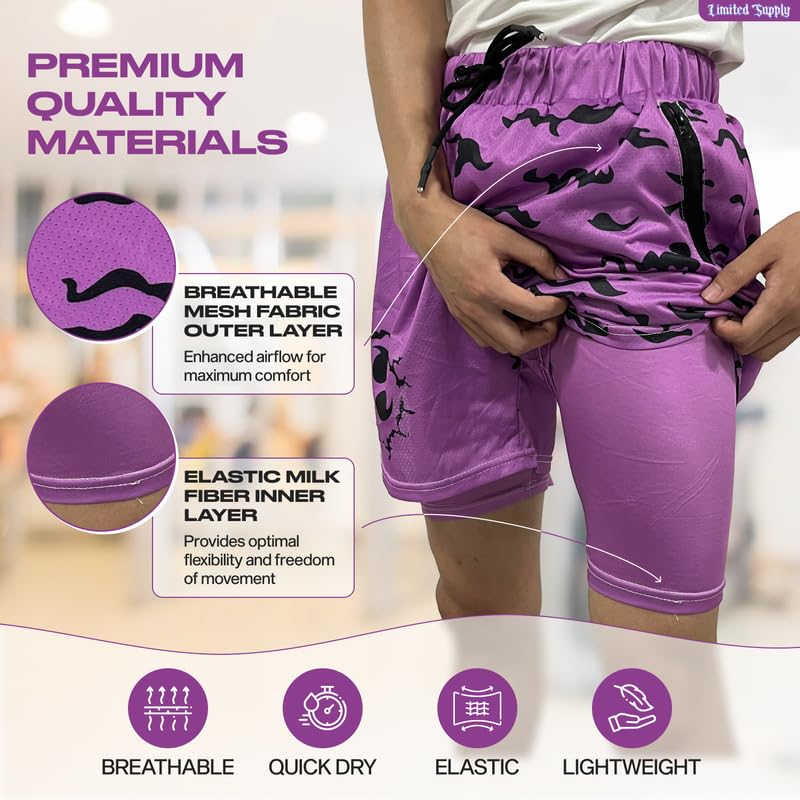 CROWN Anime Shorts - Breathable Mesh Stretch Compression Gym Short with Pockets and Towel Holder (L-PurpleC)4