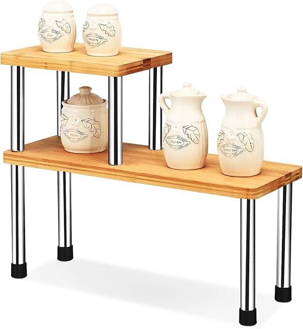 CASART Set of 2 Stackable Storage Shelf, Kitchen Countertop Organiser Spice Rack, Multipurpose Shelving Unit Cupboard Corner Shelf for Pantry, Bathroom, Bedroom and Office (Rectangular)