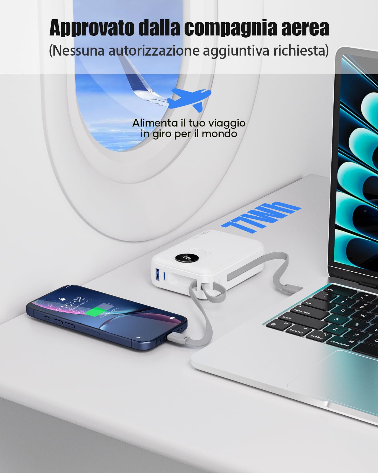 20000 mAh Power Bank con Cavi Integrati: Batteria Esterna a ricarica rapida da 35W per telefono cellulare, Pacco Batteria USB C (ingresso e uscita), Caricatore Portatile con 4 uscite e 2 ingressi