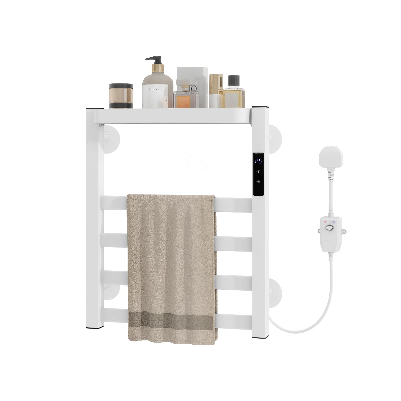 YU YUSING Sèche-Serviettes Électrique 4 Barres 1 Étagère 40x47cm, Minuterie, Réglage Température 6 Niveaux, en Aluminium, Porte-Serviettes Chauffant Mural, Étanche IPX4, Salle de Bain,sans Perçage