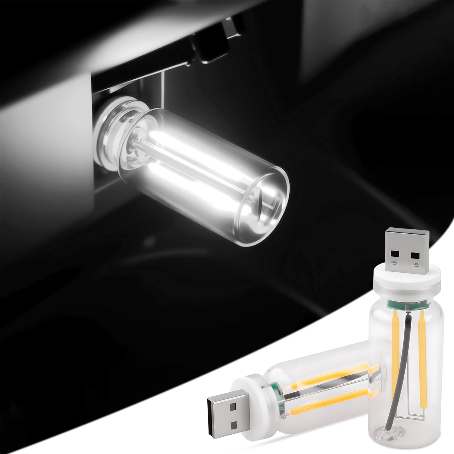 2PCS USB Lights for Car, Touch Dimmable Retro Car Lamp Interior LED Ambient Lighting, Portable Mini Glass Bottle LED Bulb Night Light for Vehicle