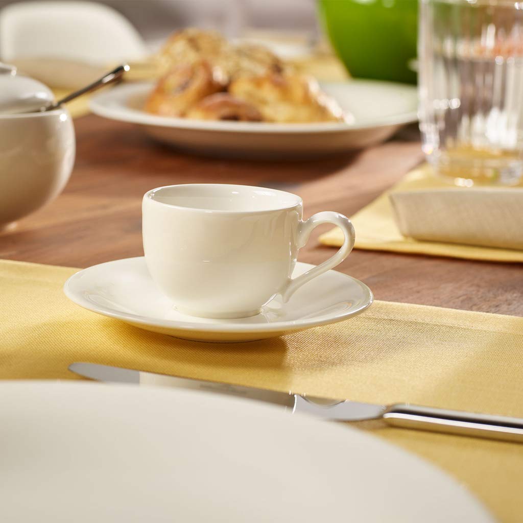 Villeroy & Boch New Cottage Basic Espressotassen mit Untertassen 6er Set, 80 ml, Tassen-Untertassen-Set für 6 Personen, Elegantes Geschirr-Set, Premium Porzellan, Weiß
