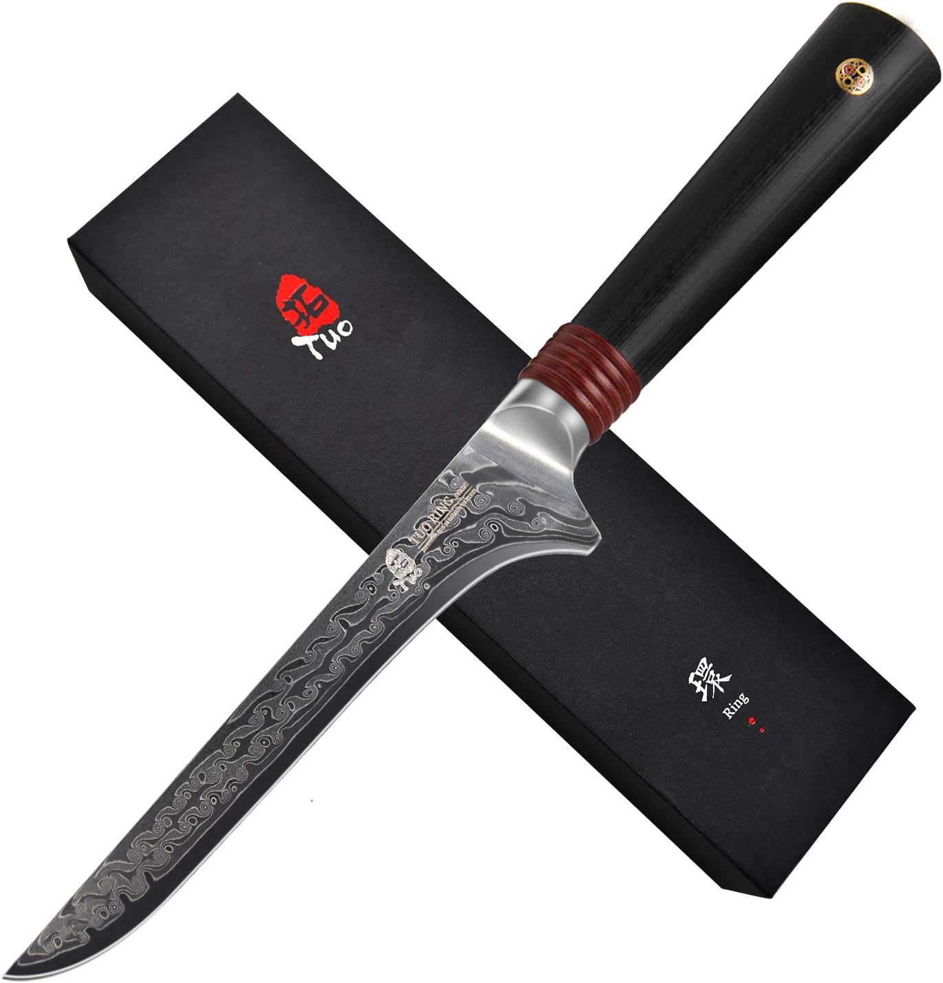 TUO Cutlery Damascus Boning Fillet Knife 6 inch, Japanese AUS-10 High Carbon Rose Damascus Steel, Kitchen Knife with Ergonomic G10 Handle - Ring R Series