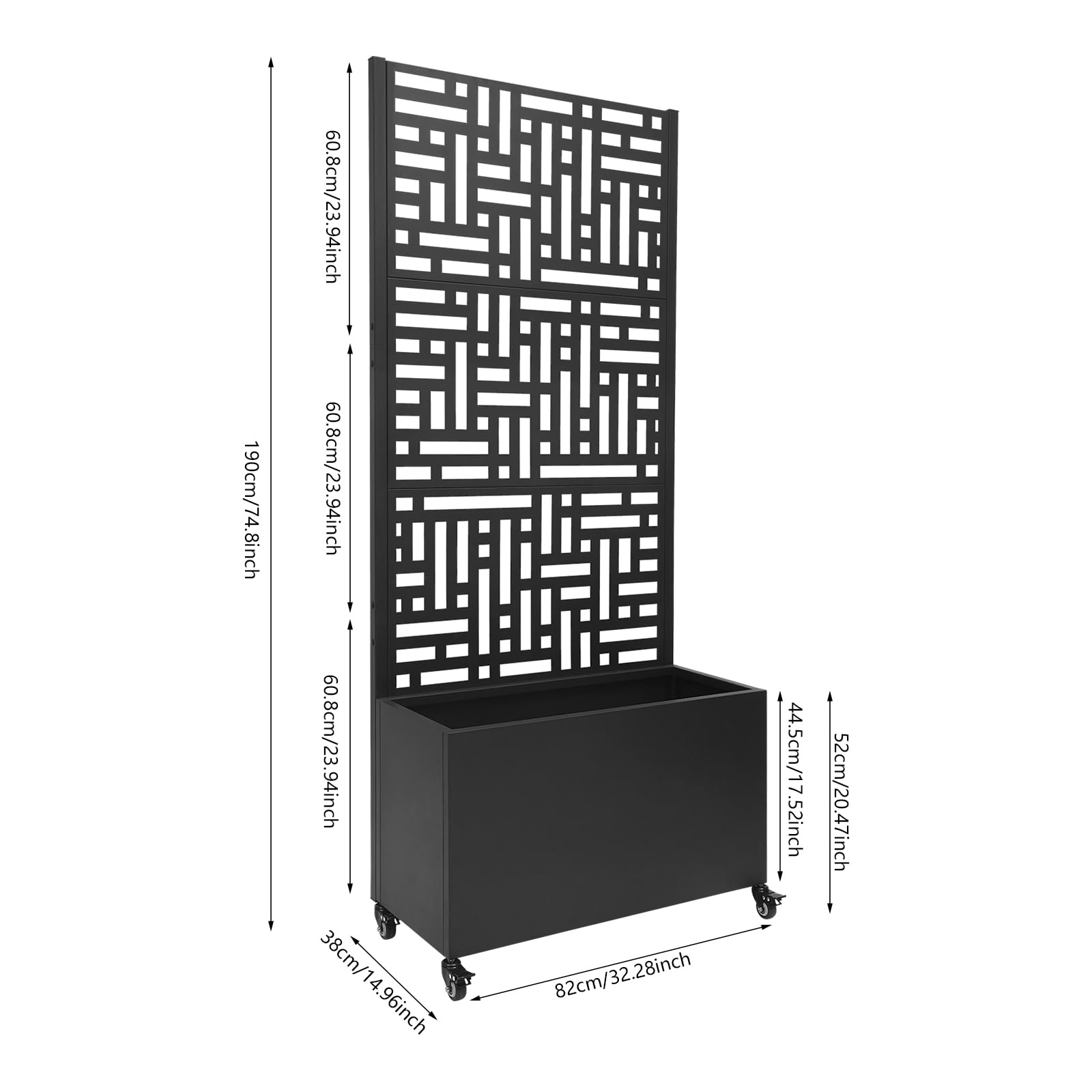 Jardinera con protección visual, enrejado con ruedas, 82 x 38 x 190 cm