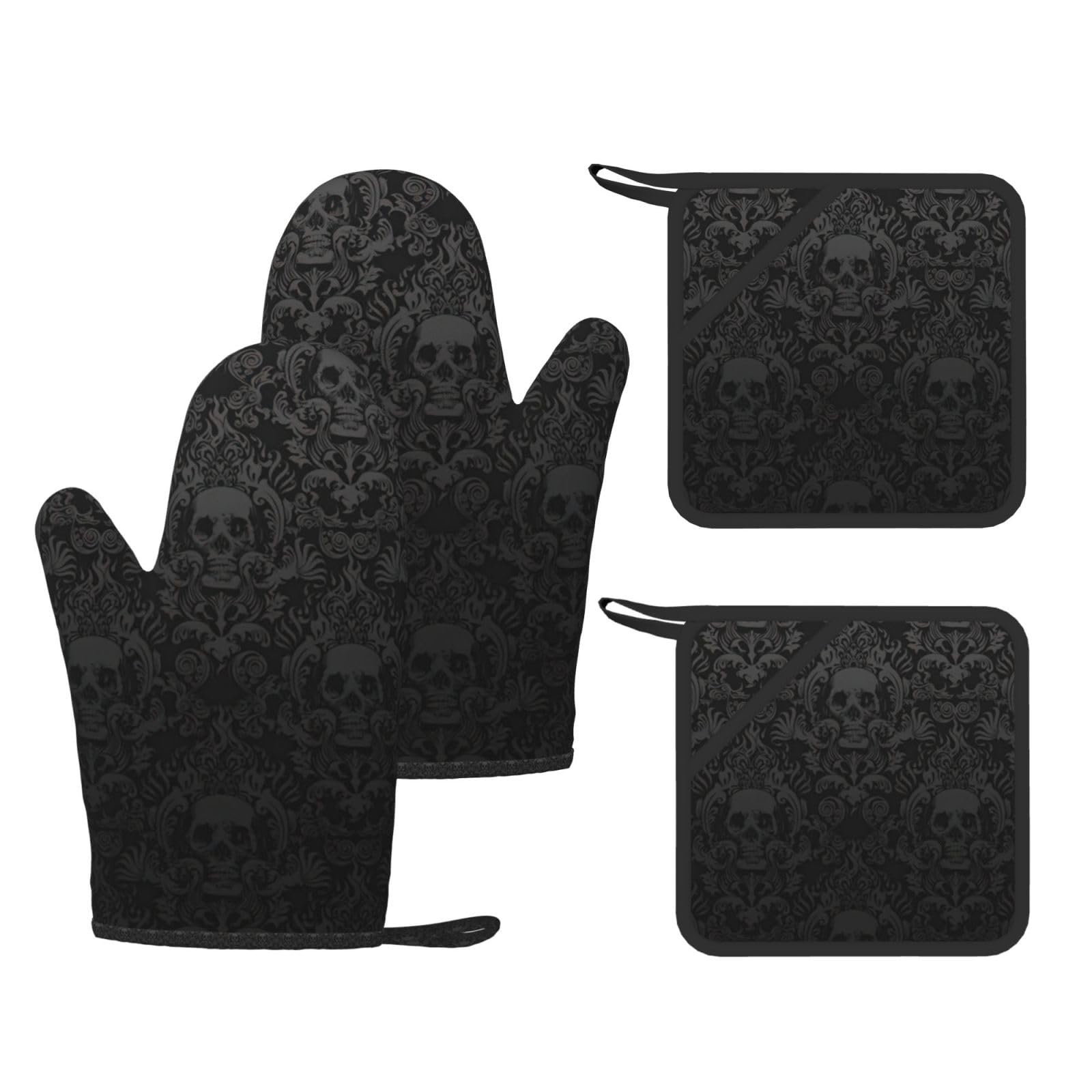 gothic wallpaper skull Printed Potholder and Oven Mitt Set of 4, High Heat Resistant Cooking Gloves for BBQ Grilling
