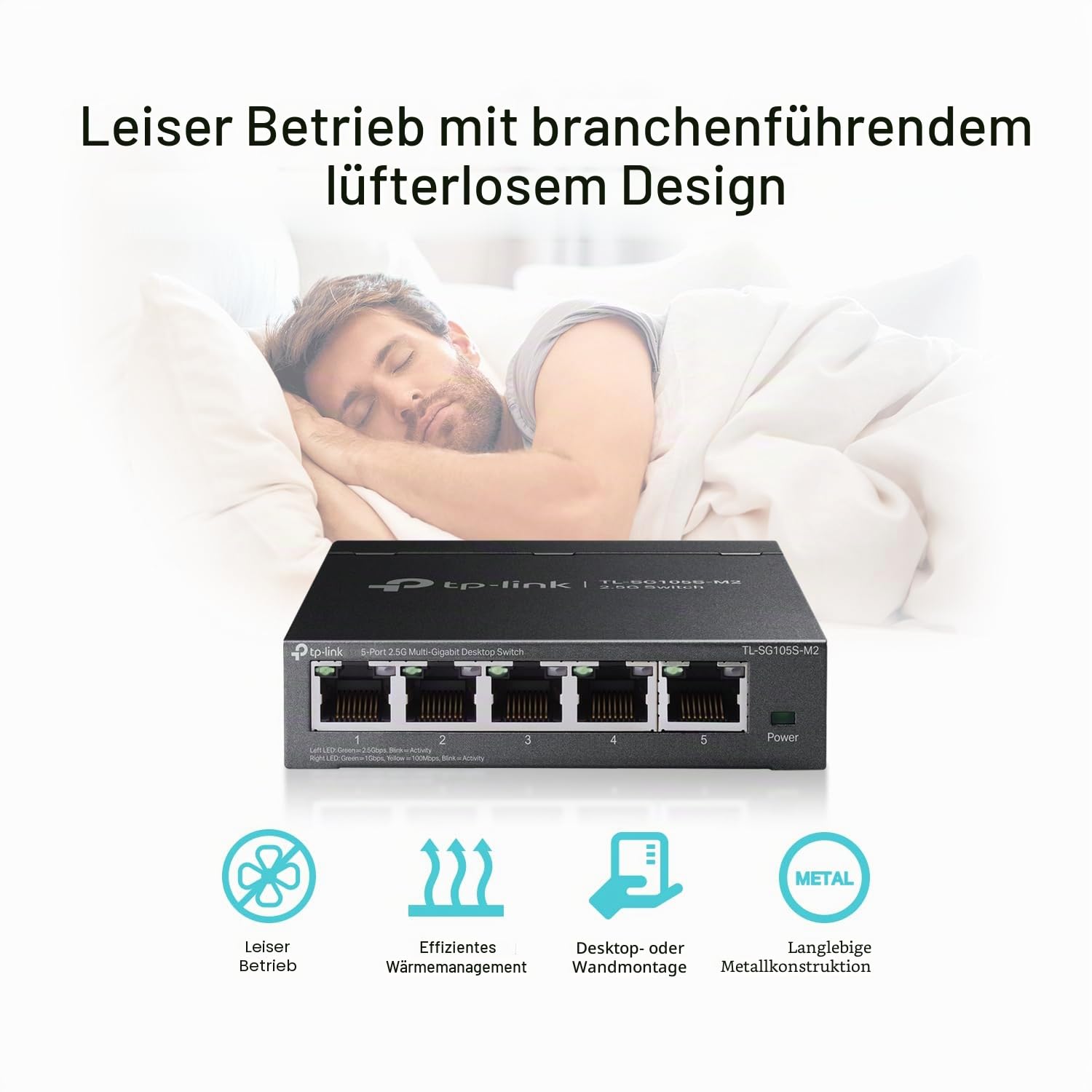 TP-Link TL-SG105S-M2 | 5-Port 2,5G Multi-Gigabit Unmanaged Netzwerk-Switch, Ethernet-Splitter, 2,5 G Bandbreite, Plug & Play, Desktop-/Wandmontage, lüfterloses Metalldesign, begrenzter lebenslanger | Ethernet-Splitter, Plug & Play, Desktop/Wandhalterung,