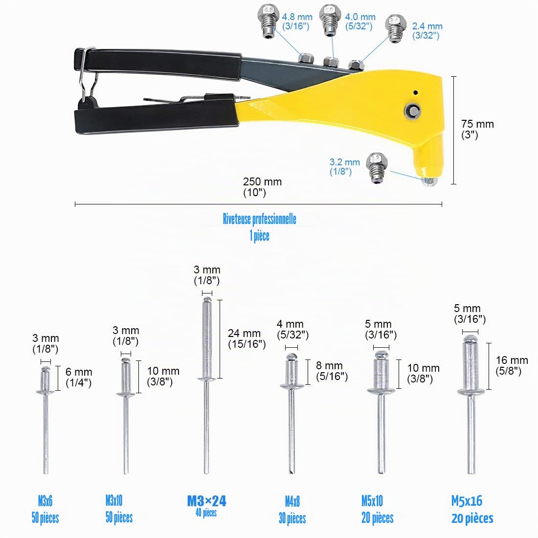 GLARKS Ensemble de riveteuses robustes, assortiment de 210 rivets aveugles en aluminium et un pistolet à rivets pop professionnel pour travaux de tôle, automobile, ferroviaire et conduit (pistolet à