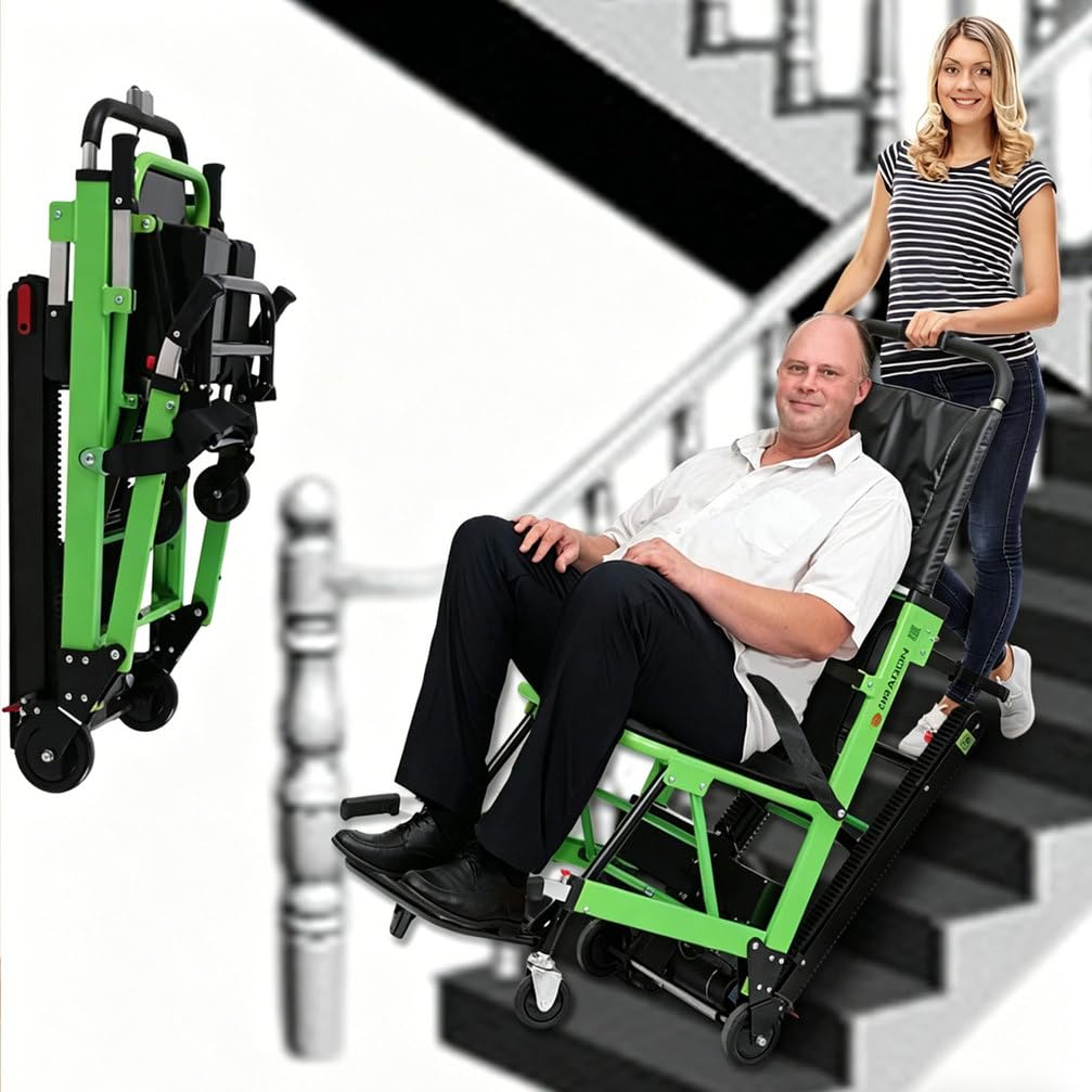 Sedia a rotelle elettrica scalatrice Pieghevole per Anziani e disabili, scalatore Portatile in Alluminio, Batteria 24V 13Ah, cingoli Gomma Regolabili e Ruote 360°,Verde
