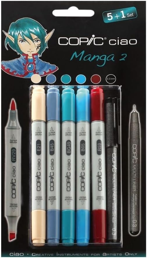 COPIC Ciao Coloured Marker Pen - 5+1 Set Manga 2, for Art & Crafts, Graphics, Highlighter, Design, Anime, Professional & Beginners, Art Supplies & Colouring Books