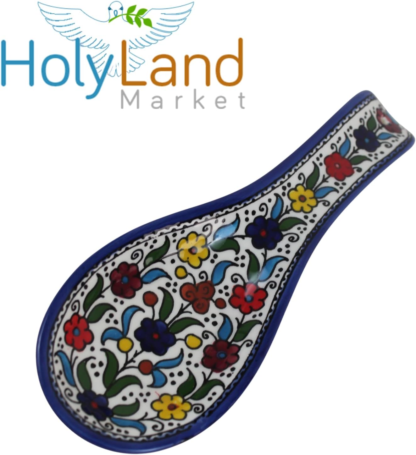 Armenian hand painted cooking Spoon Rest/Ladle Holder - Large with deep Round Cup part - Asfour Outlet Trademark