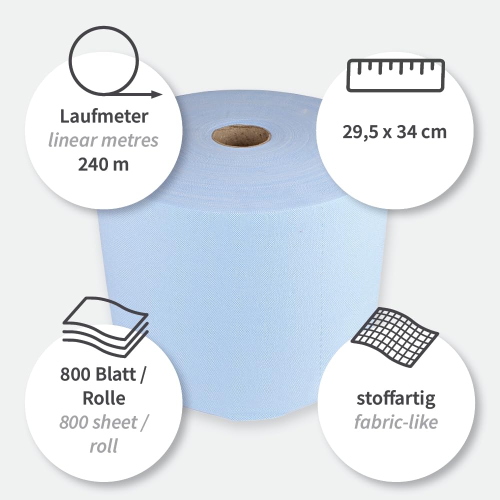 1 Stück Hygoclean Reinigungstücher | Zellulose, Rolle, blau, B: 34cm, L: 29,5cm, 78gr-m², Kerndurchmesser: 7cm, Laufmeter: 240m, Abrisse: 800, Reinigungstücher, Putztücher, Lappen