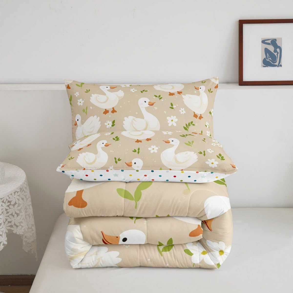 Erosebridal White Goose Comforter Set Twin Rustic Duck Bedding Set Kids Teen Boys Cute Floral Plants Down Comforter Farmhouse Country Animals Duvert Insert Green Botanical Wildlife Cute Bedroom Decor