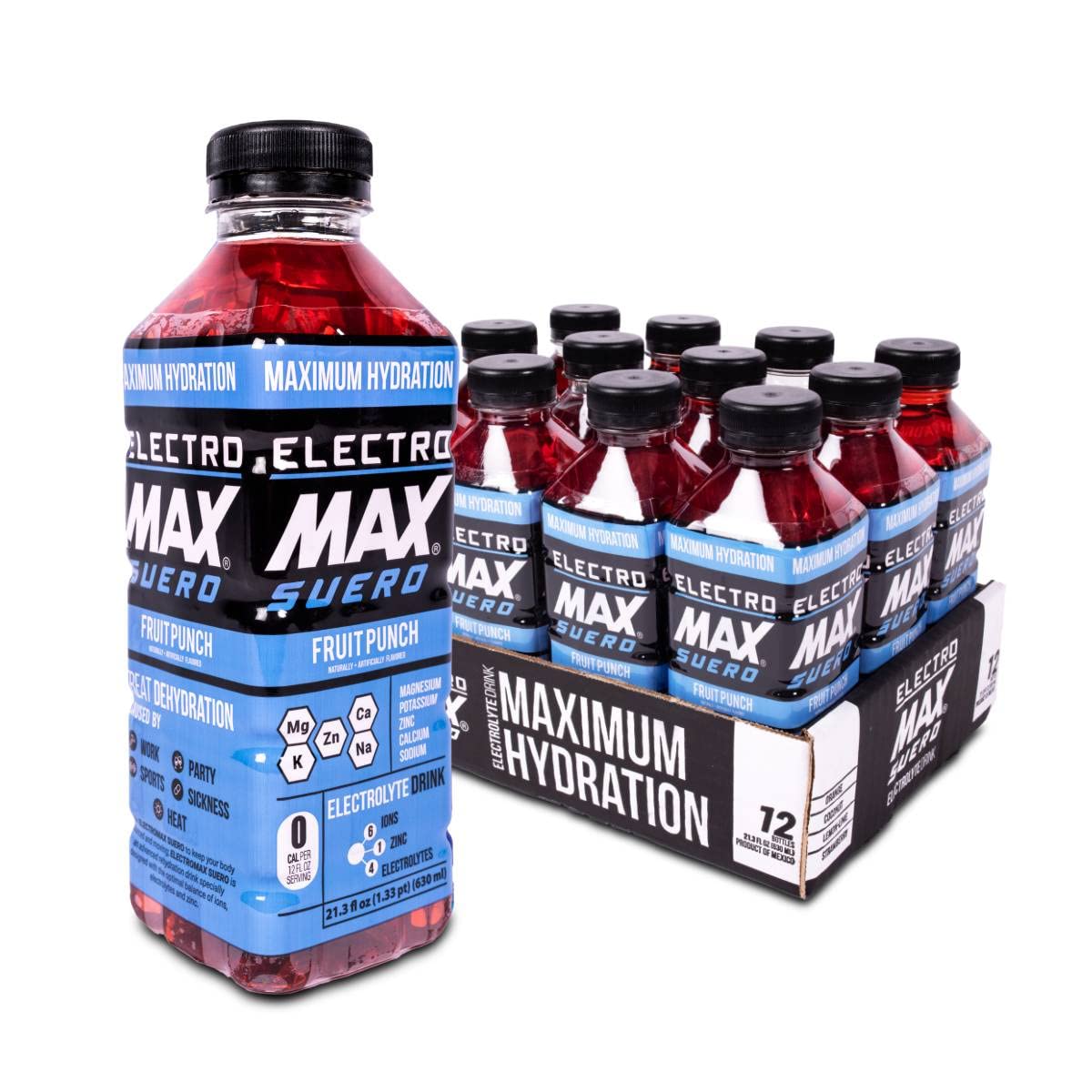 ELECTROMAX SUERO - Zero Sugar Electrolyte Drink – 12-Pack (21.3 Fl Oz Each), Hydration for Sports, Recovery, and Daily Use – Magnesium, Potassium, Zinc, Calcium – Zero Calories. (Fruit Punch)