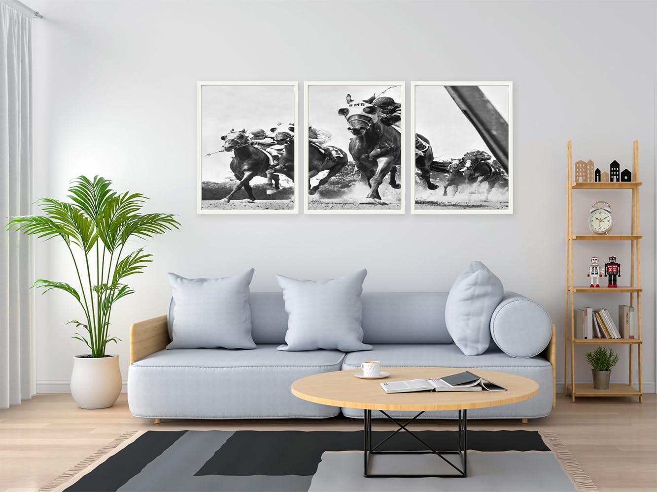 VERRE ART Printed Framed Canvas Painting for Home Decor Office Wall Studio Wall Living Room Decoration (46x27inch (Split in 3 Part) White Floater) - Horse Racing At Belmont Park