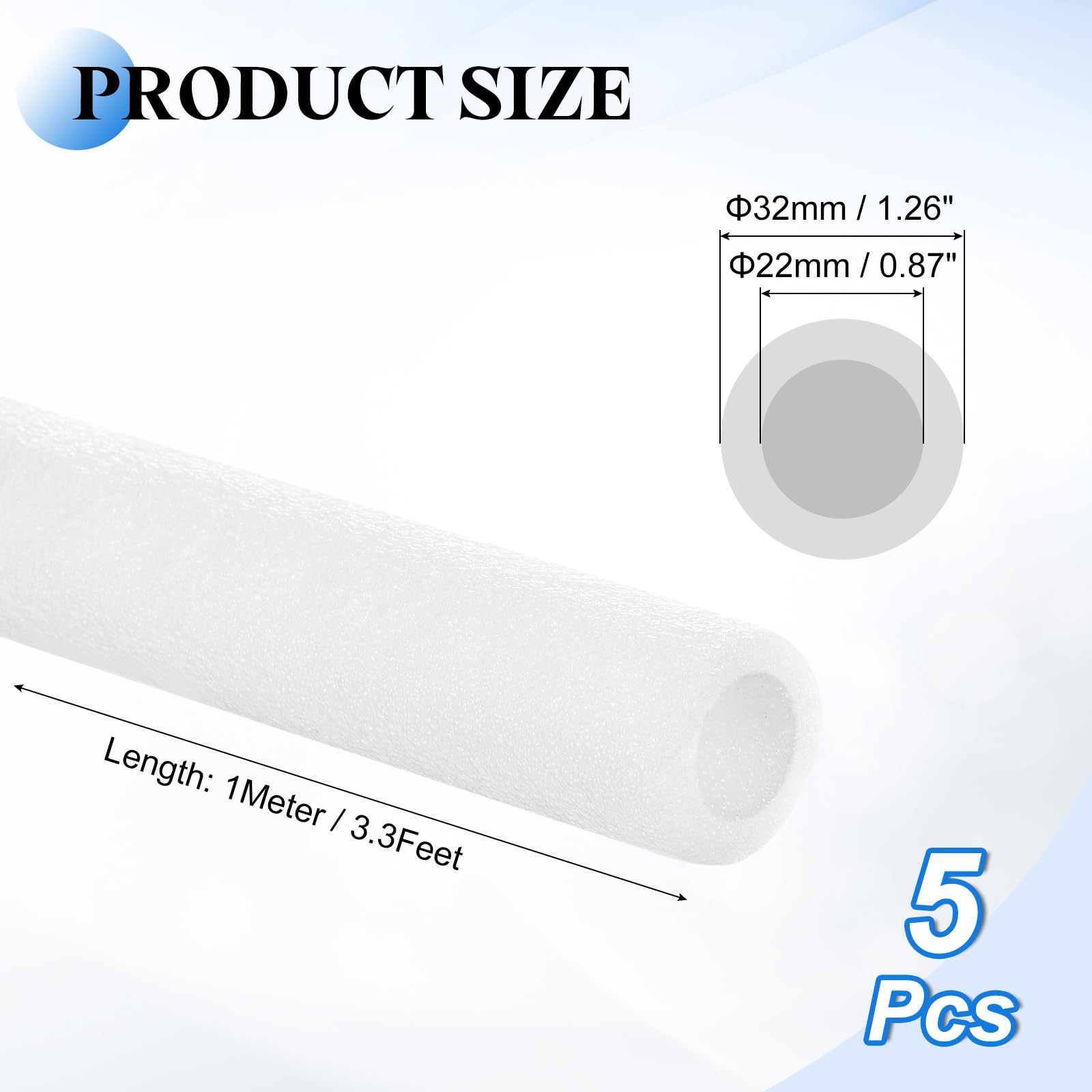 QUARKZMAN 5 Pcs Tube D'Isolation En Mousse Pour Tuyau De 0.87 Pouce 3.3 Pieds, Coussins De Tuyau Creux Pour Protection Contre Le Gel En Hiver Chaude Et Froide, Blanc OD 1.26"