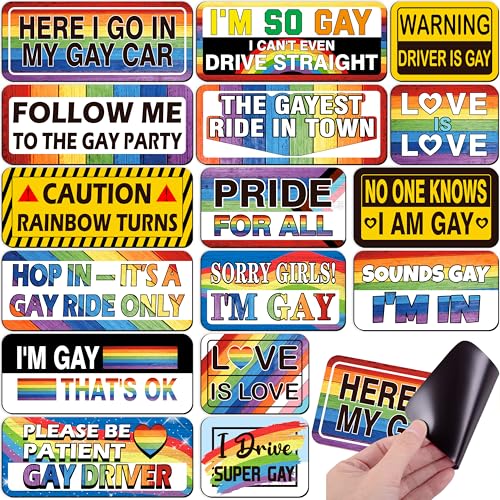 Image of 16PCS Gay Pride Car Bumper Magnets: Funny Rainbow Decals Bulk for LGBT Parade, Truck, Fridge, Cruise - Prank Gift Idea (Retro Fresh)