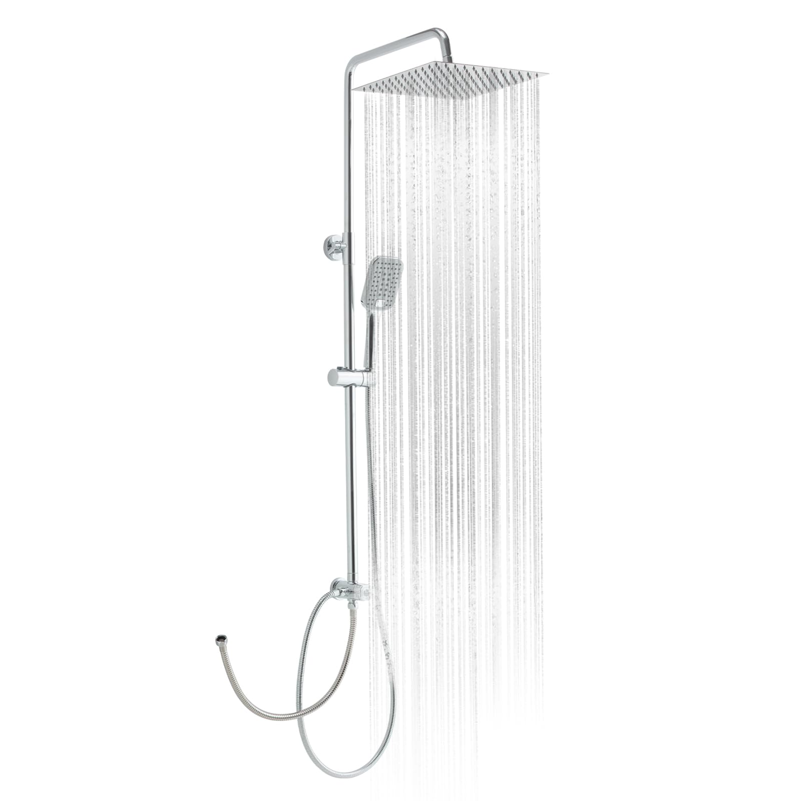 OFFO Conjunto de Ducha, Columna Ducha sin Grifo, 20x20cm Ducha de Lluvia de Acero Inoxidable, Con Manguera Ducha 1,6m y Barra de Ducha de Altura Ajustable, Cromo