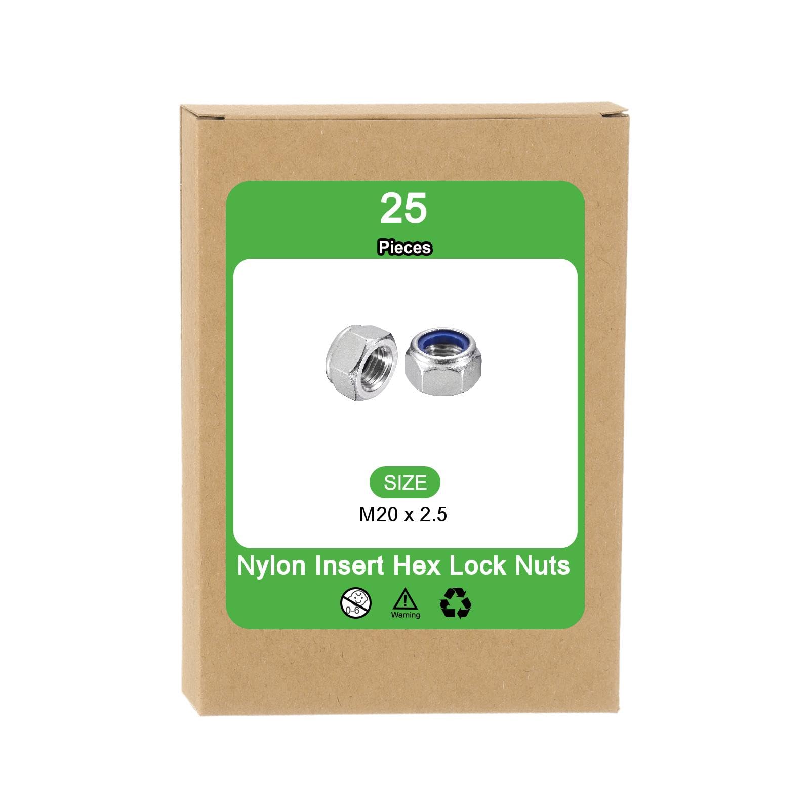QUARKZMAN 25 Piezas De Tuercas Hexagonales De Bloqueo Con Inserto De Nylon M20 X 2.5, Tuercas De Seguridad Con Inserto De Nylon De Acero Inoxidable 316 Para Fijadores, Plateado Y Azul