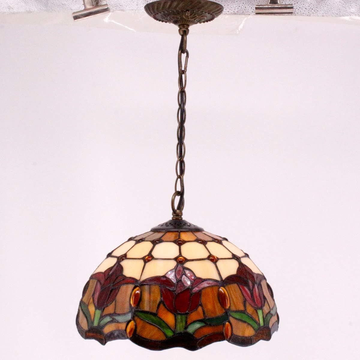 Limited Stock Tiffany Pendant Lighting for Kitchen Island Fixture 12 Red Stained Glass Tulip Flower Shade Industrial Boho LED Pendant Lamp Rustic Farmhouse Chandelier Swag Hallway Living Dining Room WERFACTORY