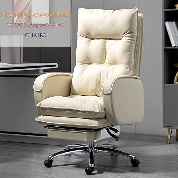 Computer Desk Chair Leather Comfortable Sedentary Lie Down Executive Chair, Home Adjustable Learning Managerial Chairs, Fully Wrapped Armrest, Bearing 300Kg/661.4Lbs,Off-White