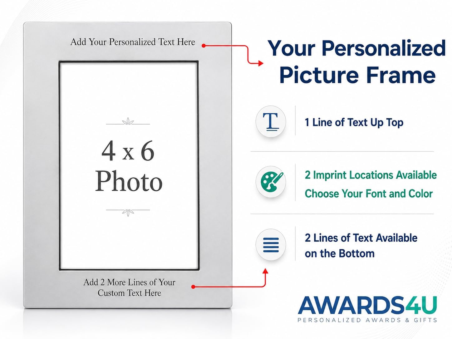 Awards4U Personalized Picture Frame 4x6 Photo Size – Add Your Custom Text in 2 Imprint Locations - Customizable Gift Both Vertically and Horizontally - Choose Color and Font Custom Picture Frame