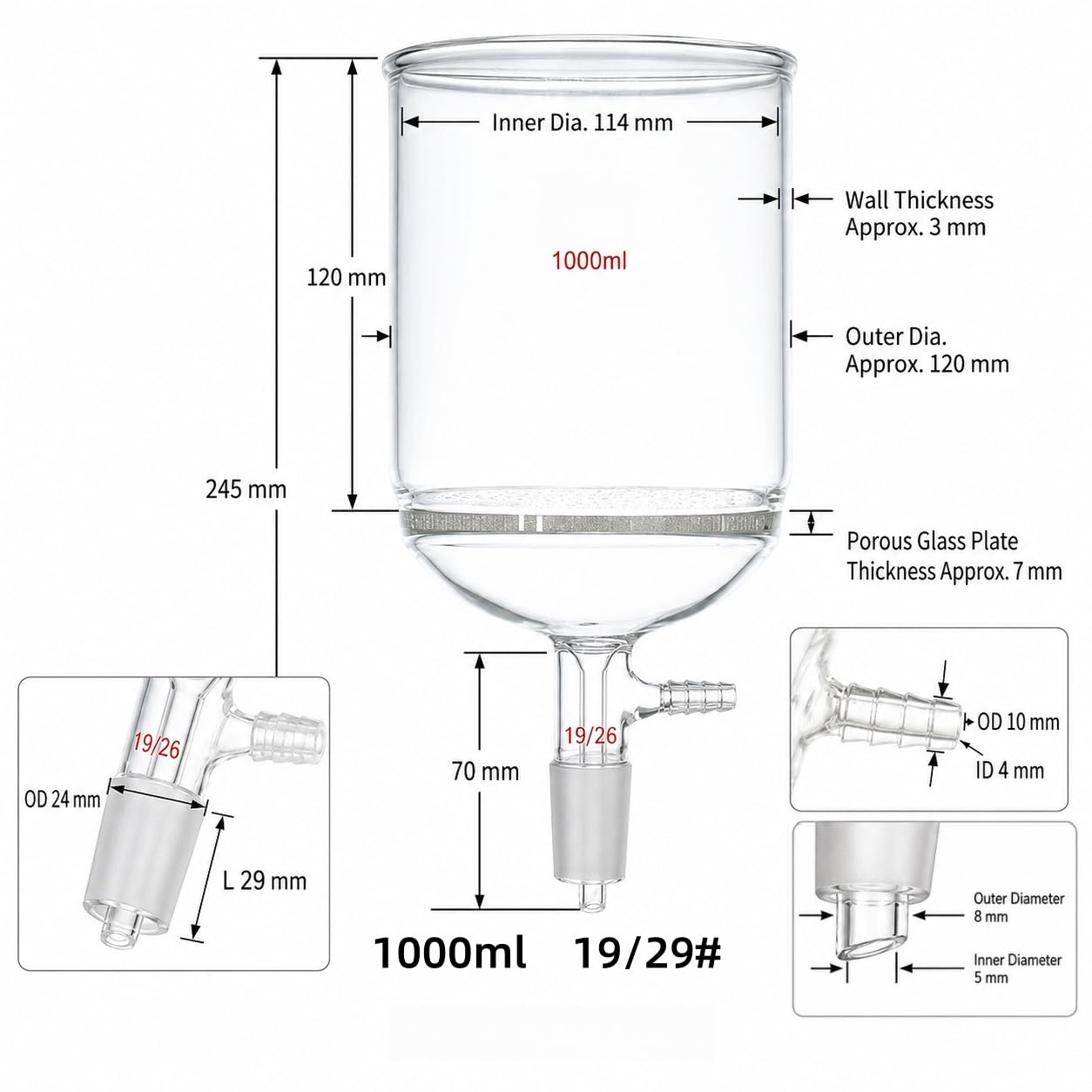 Büchnertrichter mit Poröser Glasplatte Borosilikatglas Vakuum Labor-19/26# 1000ml