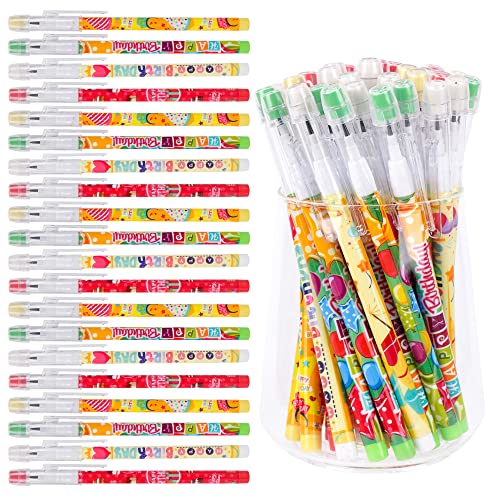 Kolewo4Ever 48Pcs Hb Happy Birthday Pencils Translucent Pencil Multipoint Pencil Multicolor Non- Sharpening Stackable Pencils Pop Up Plastic Pencils Cake,Balloon Printed Birthday Pencils，4 Style #TOP20
