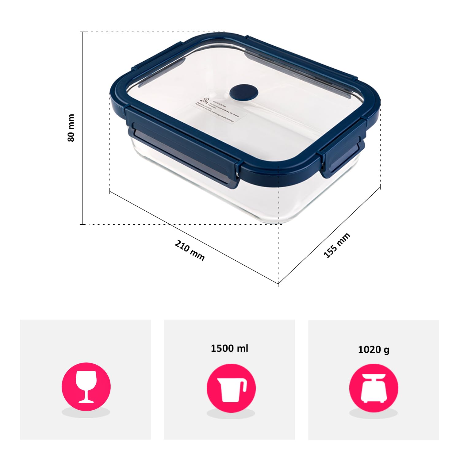 Set di contenitori per sottovuoto (370, 640, 1000, 1500 ml) – contenitori rettangolari in vetro per alimenti – Adatto per congelamento, forno, microonde, lavastoviglie
