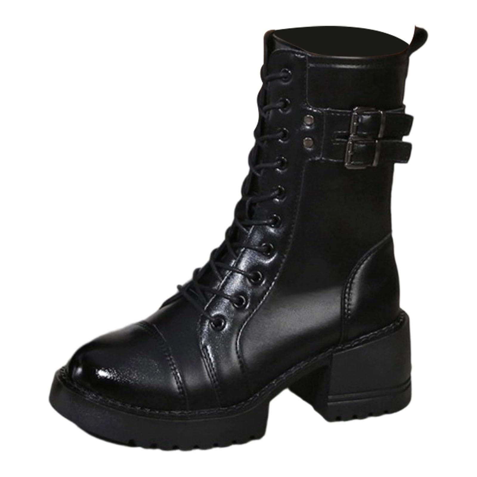 Botas de equitación de invierno para mujer, botas de media altura de caña para ropa informal de trabajo y citas con tacón grueso, cremallera y diseño de cordones, perfectas para otoño e invierno