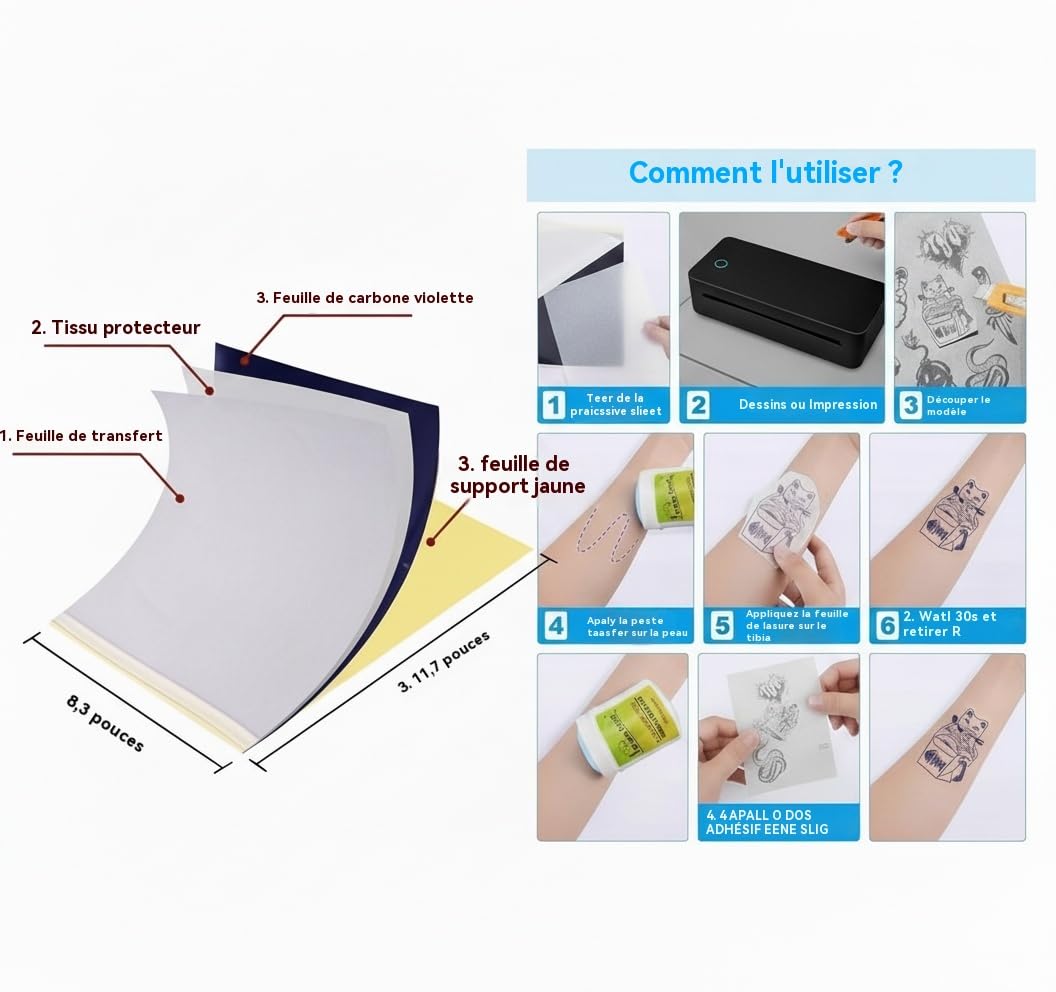 Imprimante de tatouage A4 thermique éducative - Noir - 10 feuilles de modèle + 1 rouleau papier standard